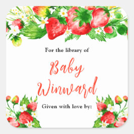 Adesivo Quadrado Strawberries and Daisies Baby Shower Bookplate