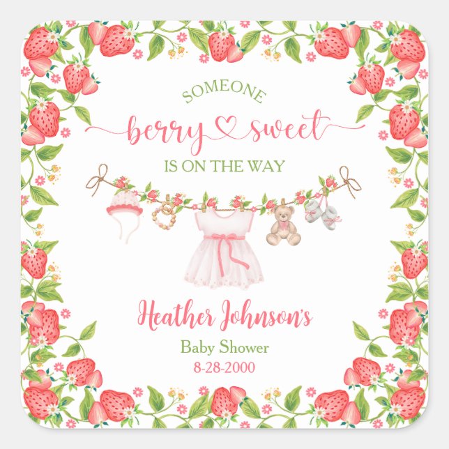 Adesivo Quadrado Strawberry Berry Sweet Clothesline Chá de fraldas (Frente)
