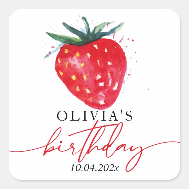 Adesivo Quadrado Strawberry Birthday personalizado Favor com Etique (Frente)