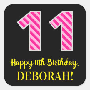 Adesivo Quadrado Stripes Rosa Divertido "11": Feliz 11 Aniversário