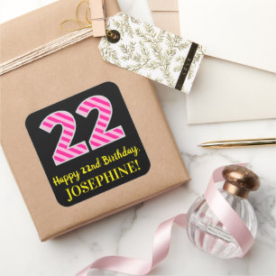 Adesivo Quadrado Stripes Rosa Divertido "22": Feliz 22º Aniversár