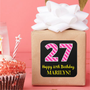 Adesivo Quadrado Stripes Rosa Divertido "27": Feliz 27º Aniversár