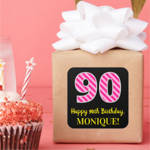 Adesivo Quadrado Stripes Rosa Divertido "90": Feliz 90 Aniversário