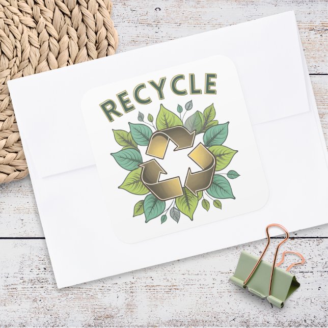 Adesivo Quadrado Stylish Green & Faux Gold Recycle Symbol Leaves (A stylish retro sticker with the word 'Recycle', with faux gold recycling logo and green leaves)