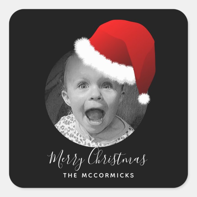 Adesivo Quadrado Sua Foto Engraçado Natal Santa Hat Nome da Família (Frente)