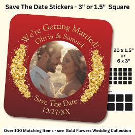 Adesivo Quadrado Sua Foto, Salve a Data, Flores Douradas Vermelho M