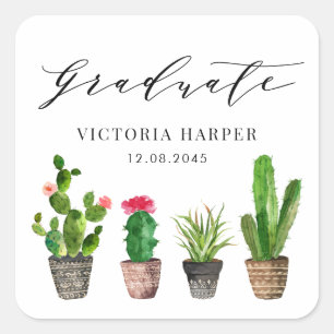 Adesivo Quadrado Suculentas e Cactus em Vasos Boho para Formatura