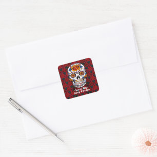Adesivo Quadrado Sugar Skull Cinco de Mayo Red Floral Nome