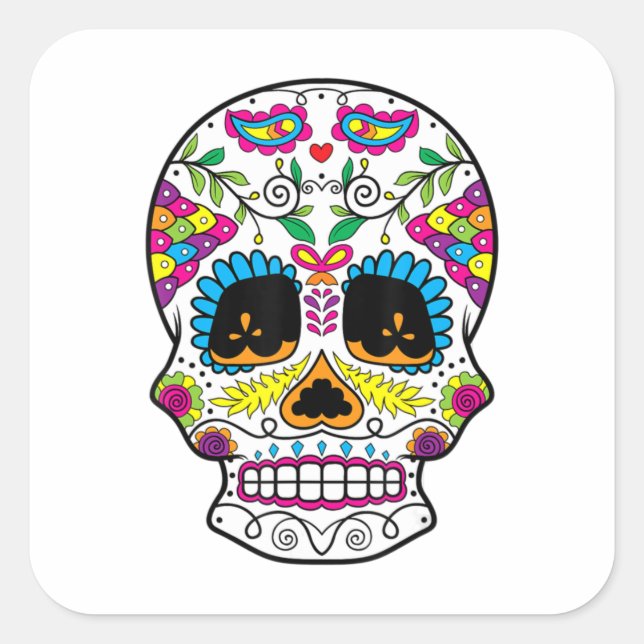 Adesivo Quadrado Sugar Skull Day Of The Dead Dia De Los Muertos Art (Frente)