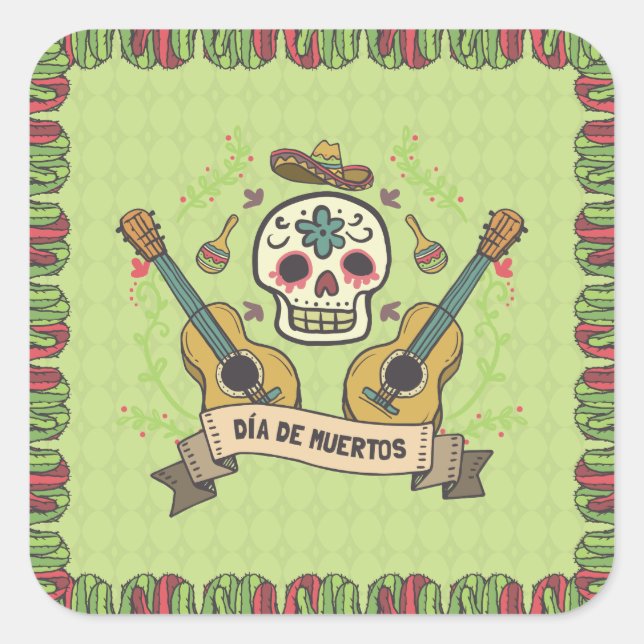 Adesivo Quadrado Sugar Skull e Guitars Dia de Muertos | Vinheta (Frente)