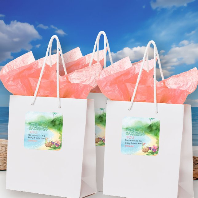 Adesivo Quadrado Summer Beach Sunglass e Moctail Obrigado (Summer tropical beach theme stickers from my Baby on Board baby shower collection)