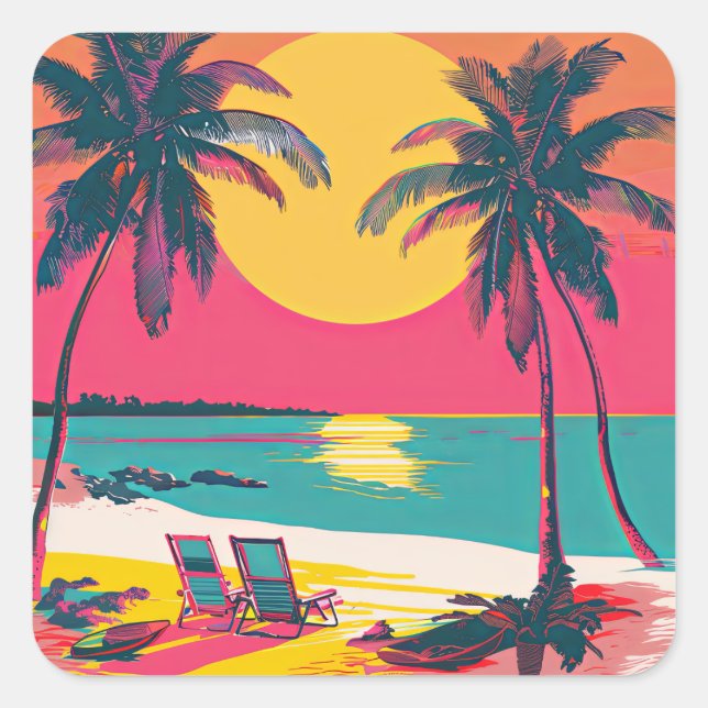 Adesivo Quadrado Summer Beach Vibe Retro Surfer Palm Trees Sunset (Frente)