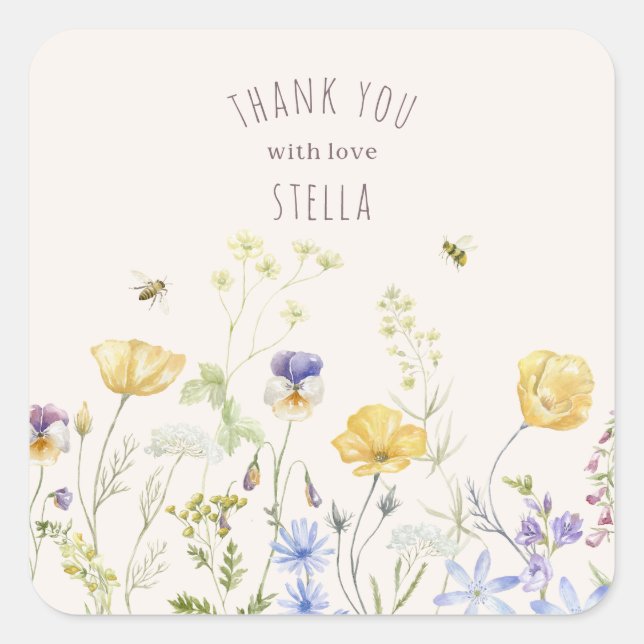 Adesivo Quadrado Summer Bliss, flores silvestres, rústica, aquarela (Frente)