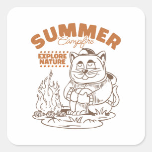 Adesivo Quadrado Summer Campfire Explora Natureza - Vintage Cat