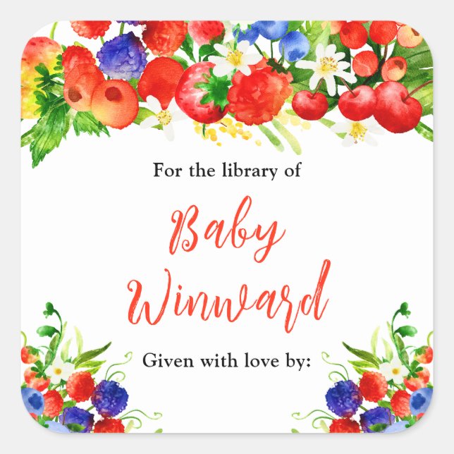 Adesivo Quadrado Summer Mixed Berries Baby Shower Bookplate (Frente)