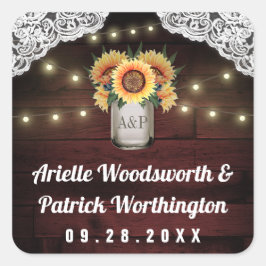 Adesivo Quadrado Sunflower Mason Jar Wood Lace Casamento Favor