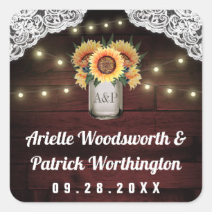 Adesivo Quadrado Sunflower Mason Jar Wood Lace Casamento Favor