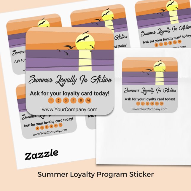 Adesivo Quadrado Sunset & Cinza - Programa de Lealdade de Verão (Sunset & Gray Template – Summer Loyalty Program Square Sticker)