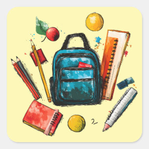 Adesivo Quadrado Suprimentos Coloridos de Volta às Aulas para Estud
