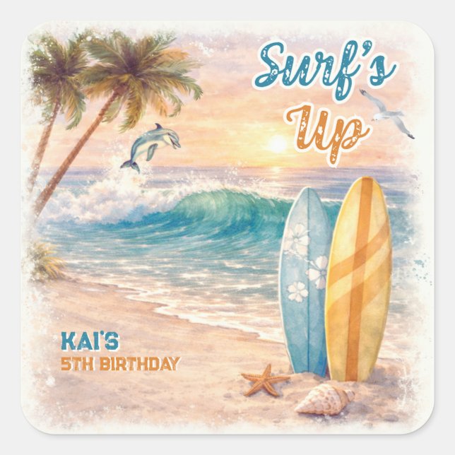 Adesivo Quadrado Surf’s Up Retro Beach Birthday Party  (Frente)