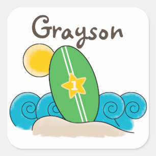 Adesivo Quadrado Surfboard Waves First Festa de aniversário Favor