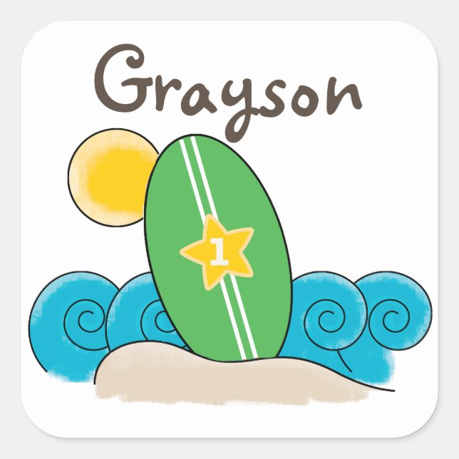 Adesivo Quadrado Surfboard Waves First Festa de aniversário Favor (Frente)