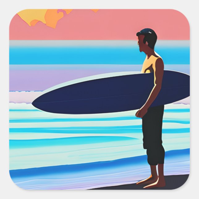 Adesivo Quadrado Surfer em uma praia no Sunset (Frente)