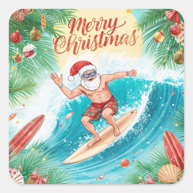 Adesivo Quadrado Surfing Santa Merry Christmas Coastal Holiday  (Frente)