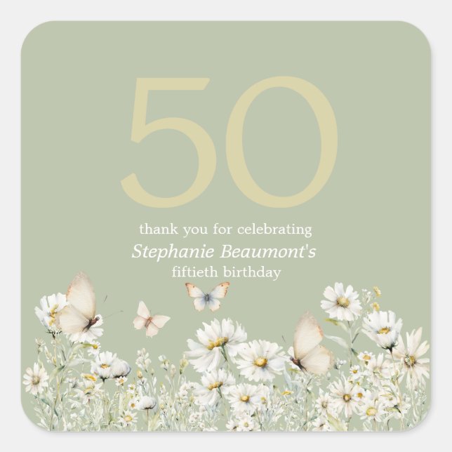 Adesivo Quadrado Surpresa Branca de Flor Selvagem 50º Aniversário (Frente)