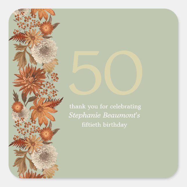 Adesivo Quadrado Surpresa da Flor de outono das mulheres 50º aniver (Frente)