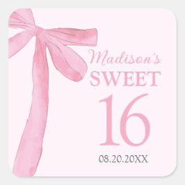 Adesivo Quadrado Sweet 16 Birthday Coquette Pink Bow Personalized 