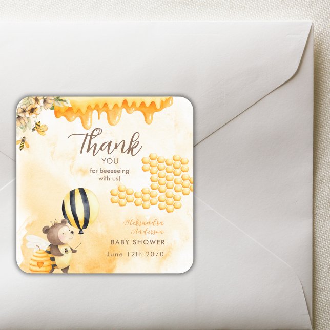 Adesivo Quadrado Sweet As Can Bee Honey Bear Baby Shower Yellow (Criador carregado)