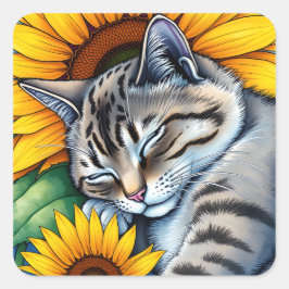 Adesivo Quadrado Sweet Napping Gray Cat and Sunflower