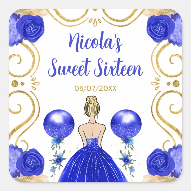 Adesivo Quadrado Sweet Sixteen Blonde Princess in Blue (Frente)