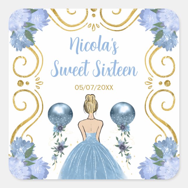 Adesivo Quadrado Sweet Sixteen Blonde Princess in Dusty Blue (Frente)