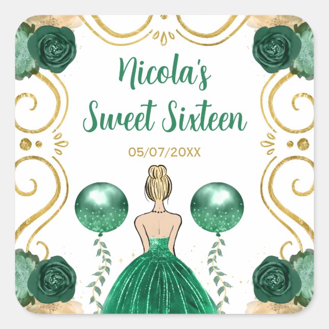 Adesivo Quadrado Sweet Sixteen Blonde Princess in Green (Frente)