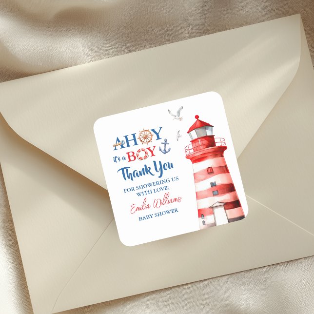 Adesivo Quadrado Sweet White Blue Red Nautical Ahoy Boy Thank You (Criador carregado)