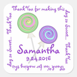 Adesivo Quadrado Swirly Lollipops Candy Obrigado