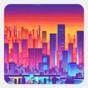 Adesivo Quadrado Synthwave/Cyberpunk City no Sunset
