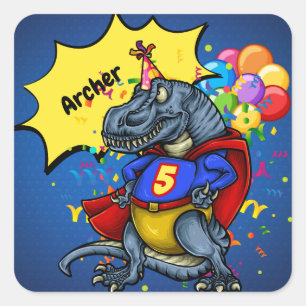 Adesivo Quadrado T-Rex 5 de Super-Herói Aniversário