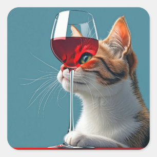 Adesivo Quadrado Tabby Cat com Vidro de Vinho Vermelho
