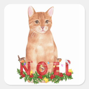 Adesivo Quadrado Tabby Cat Watercolor de Natal