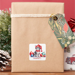Adesivo Quadrado Tabby Kitten Em Santa Hat Feliz Natal