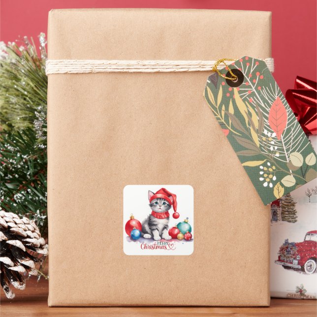 Adesivo Quadrado Tabby Kitten Em Santa Hat Feliz Natal (Feriado)