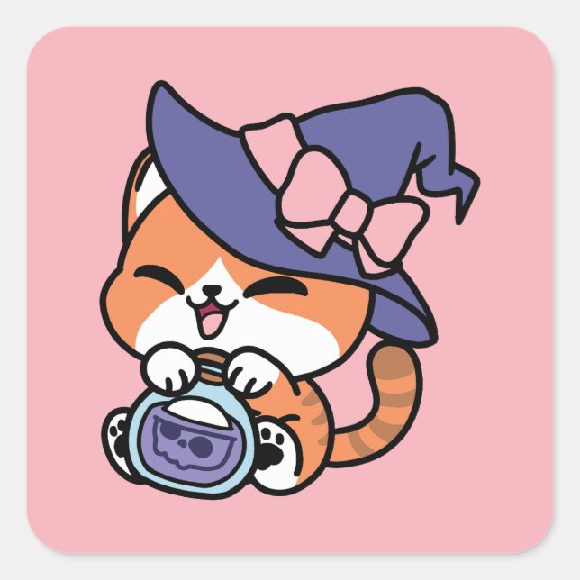 Adesivo Quadrado Tabby Witch Brew – Cute Halloween Cat Design (Frente)
