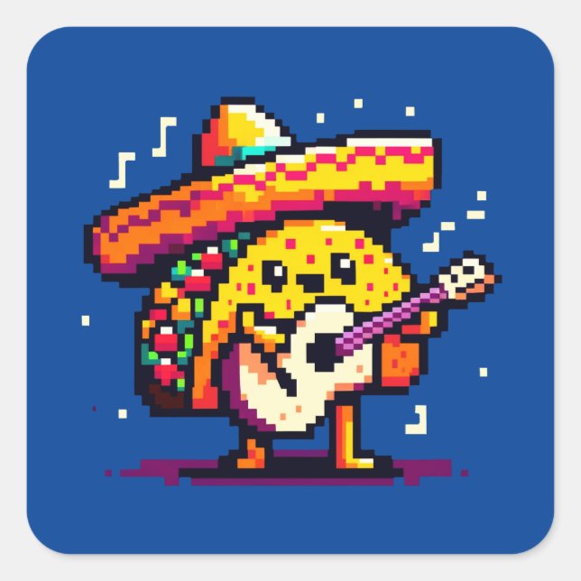 Adesivo Quadrado Taco Musical - Engraçado Pixel Art Mariachi Design (Frente)