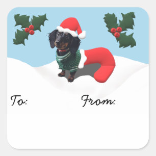 Adesivo Quadrado Tag do presente de Natal do Dachshund
