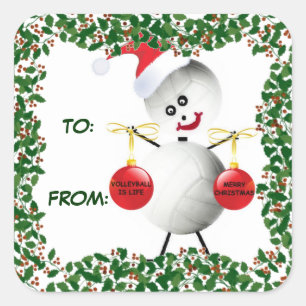 Adesivo Quadrado Tag do presente do voleibol do Natal do azevinho