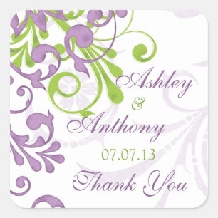 Adesivo Quadrado Tag floral branco verde roxo do favor do casamento