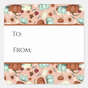 Adesivo Quadrado Tag Floral de Presente de Abóbora de Queda